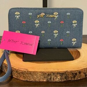 NWT Betsey Johnson Denim Wallet with Floral Embroidery